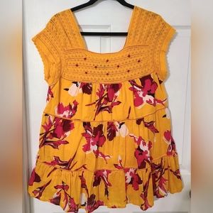 Women Size 14 Summer Tunic Top Crocheted Lace Yellow Gold Floral Cotton Lined